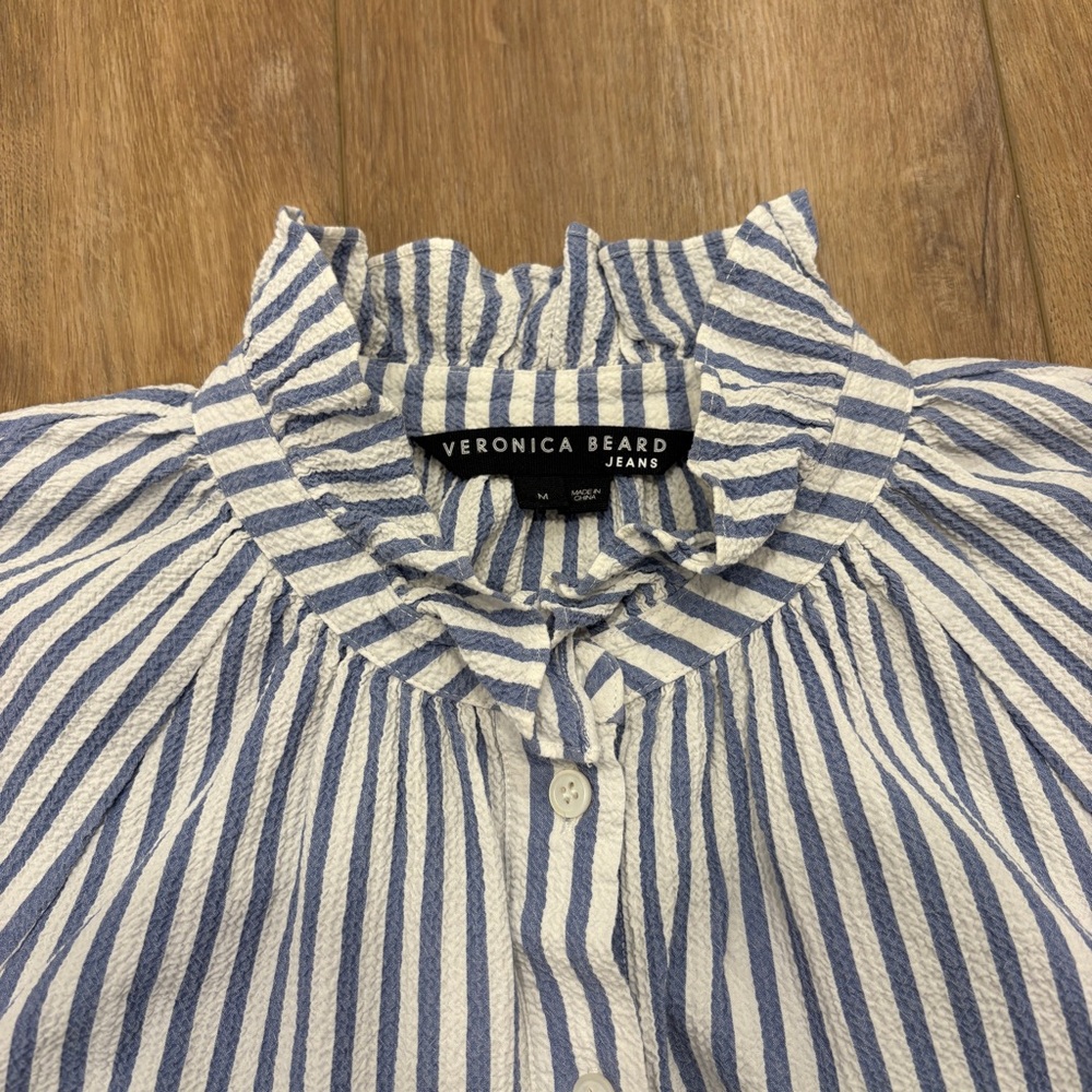 🌟VERONICA BEARD🌟 JEANS CALISTO STRIPED SEERSUCKER BLOUSE BLUE / WHITE M - Picture 5 of 10